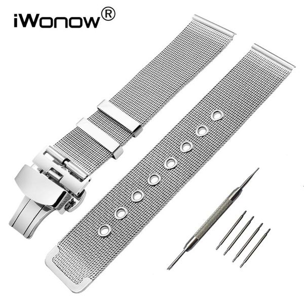 

watch bands milanese watchband butterfly buckle strap for pebble time round 20mm men huawei 2 (sport) ticwatch stainless steel band, Black;brown
