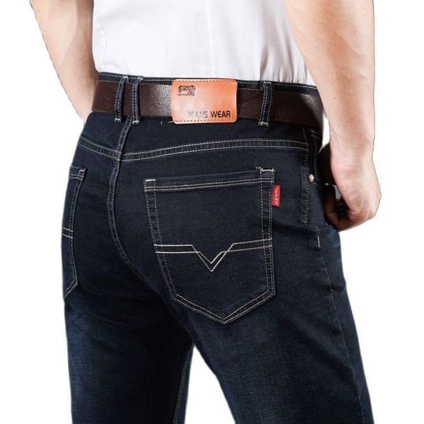 

men's jeans spring fall loose straight cut pants stretch black and blue business casual