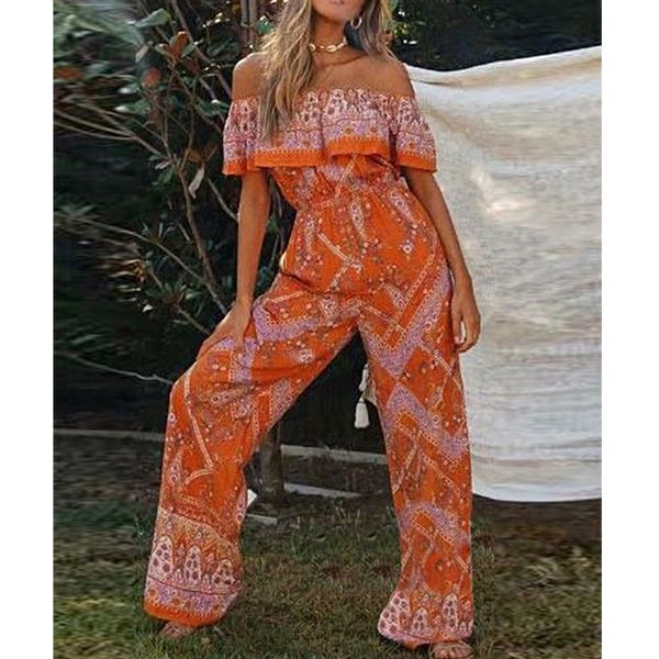 

2021 new ruffles off shoulder women jumpsuit vintage cotton orange floral print wide leg summer rompers long jumpsuits qn1k, Black;white