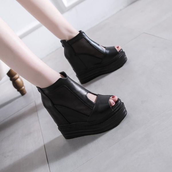 

sandals 2021 spring and summer increase net yarn women wedge fish mouth shoes platform super high heel, Black