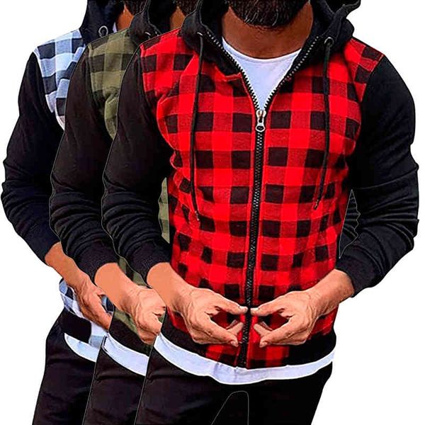 

new plaid patchwork hood sweatshirt causal long sve shirt coat zipper plus size hoodi hoodie sudadera hombre moletom, Black