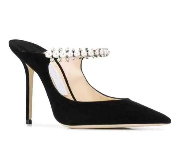 

elegant brand women's bing dress shoes pointed toe sandals slipper crystal straps stiletto heels lady party wedding bridal gift with bo, Black