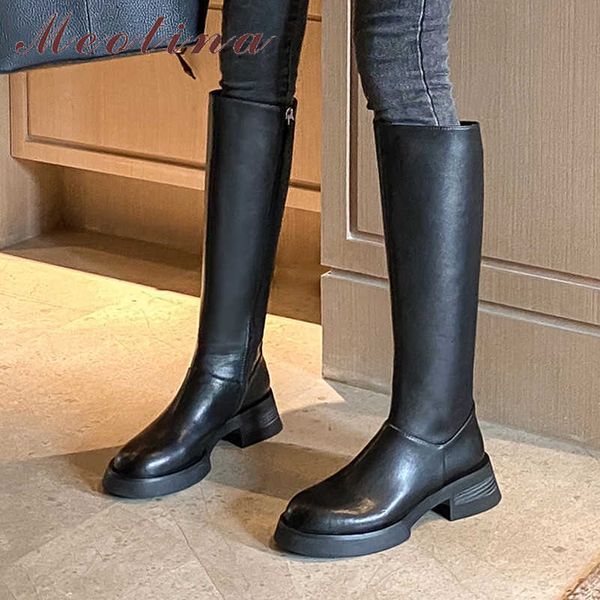 

meotina real leather knee high boots women platform med heel riding boots buckle thick heel shoes zipper chain female long boots 210608, Black