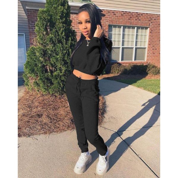 

women's two piece pants solid color casual tracksuit crew neck long sleeve sporty tunic waist and straight sweatpants drawstring botto, White