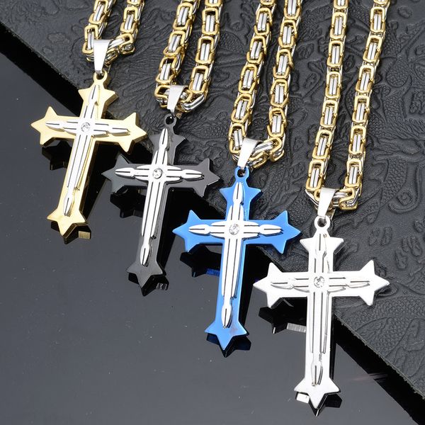 

men's stainless steel pendant necklace 3 layer knight cross celtic polished 55cm byzantine chain, Silver
