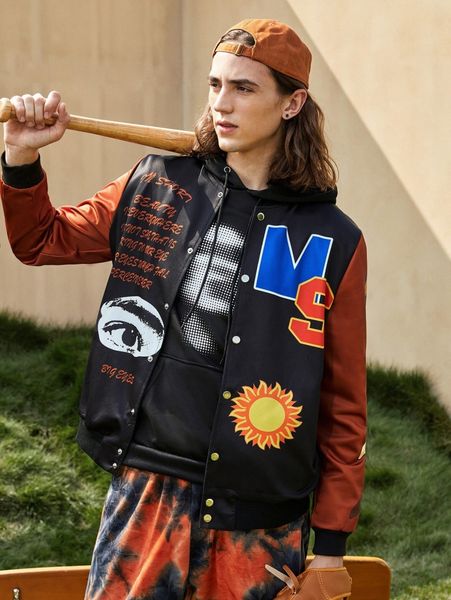 

men slogan and figure graphic colorblock bomber jacket o4sr#, Black;brown