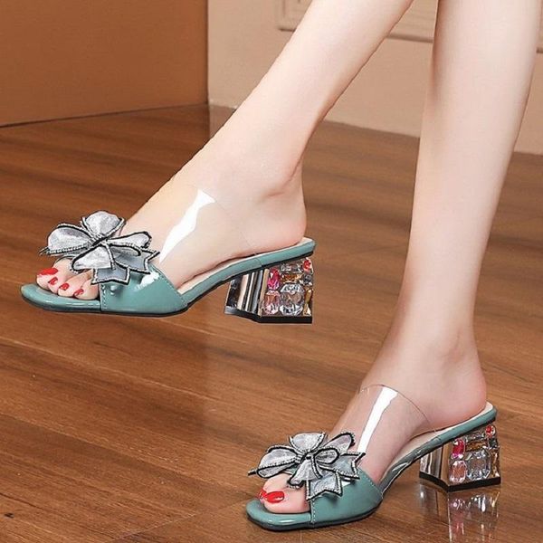 

slippers patent leather bowknot square toe open-toe ladies summer style casual temperament high heels comfortable., Black