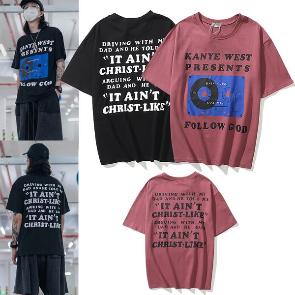

2021 new estilo impresso de fita antiga vintage solto tripulao pescoo manga curta t-shirts kanye west audio tape retro qo9o, Black