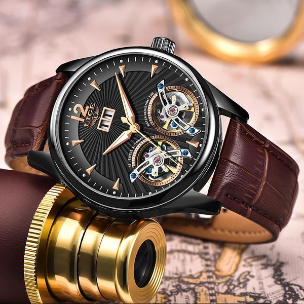 

wristwatches watch men 2021 lige dual tourbillon leather mens watches automatic mechanical clock male sport wirstwatch, Slivery;brown