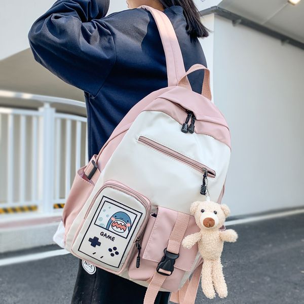 

dcimor cartoon printing waterproof nylon women backpack female multi-pocket insert buckle student schoolbag lovely travel bag 210303