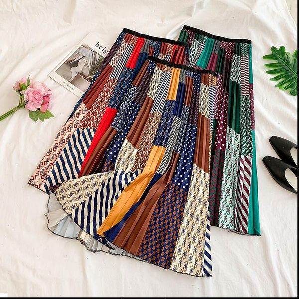 

2021 summer womens geometric pattern print pleated skirt high waist fashion temperament elastic pleated skirt large swing, Black