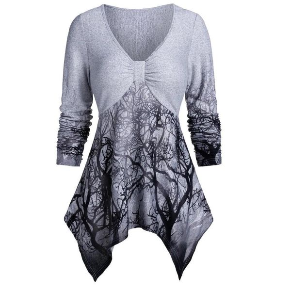 

plus size fashion tree print tunic blouse casual winter ladies v neck female womens long sleeve blusas pullover, White