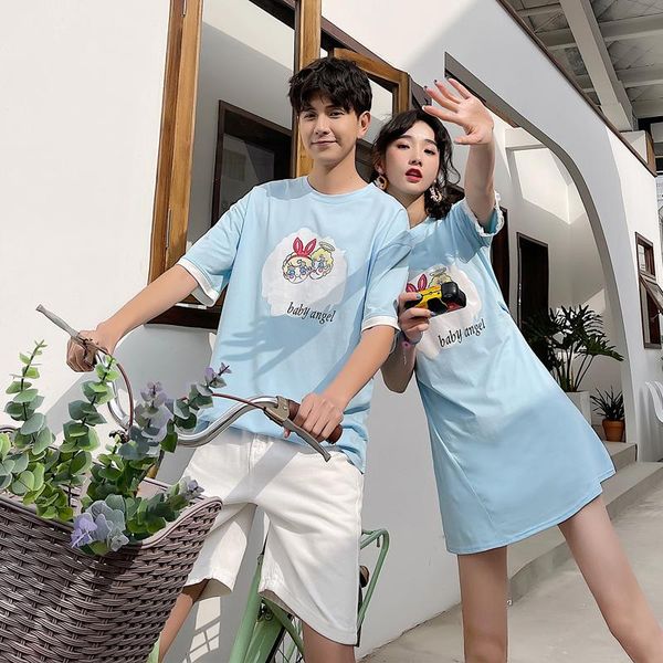 

women's t-shirt couples wear small fresh light blue dress clothes clothing, White