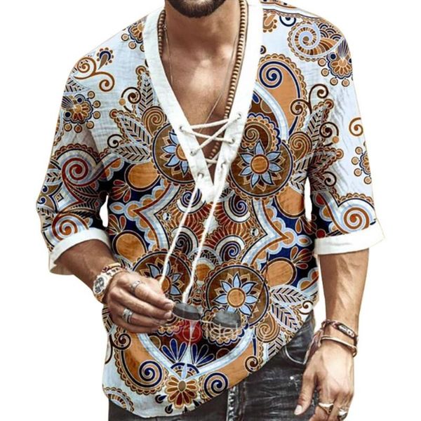 

men's t-shirts 70% men fashion half sleeve v neck floral print chest lace-up shirt t-shirt clothes, White;black