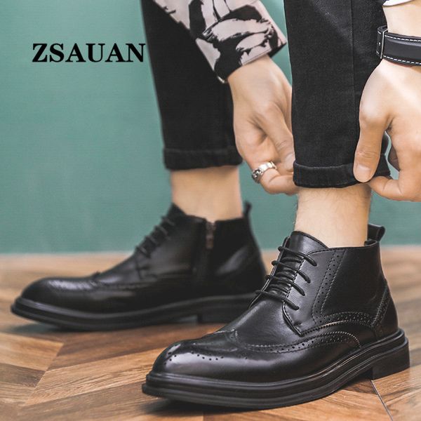 Primavera marrom preta / inverno curto homens de pelúcia botas de brogue pu elegante zíper chelsea botas militares sapatos cavalheiros