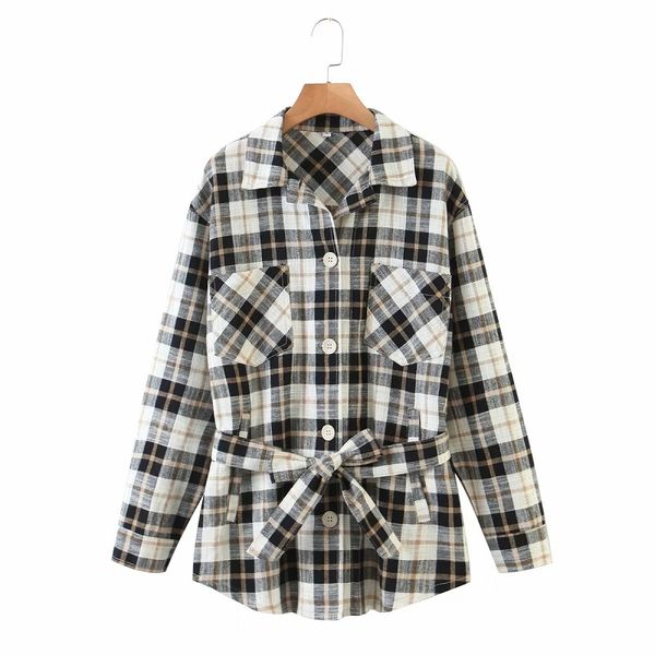 

vintage chic bow sashes plaid jacket women fashion turn-down pockets button-up check jacket girls streetwear, Black;brown