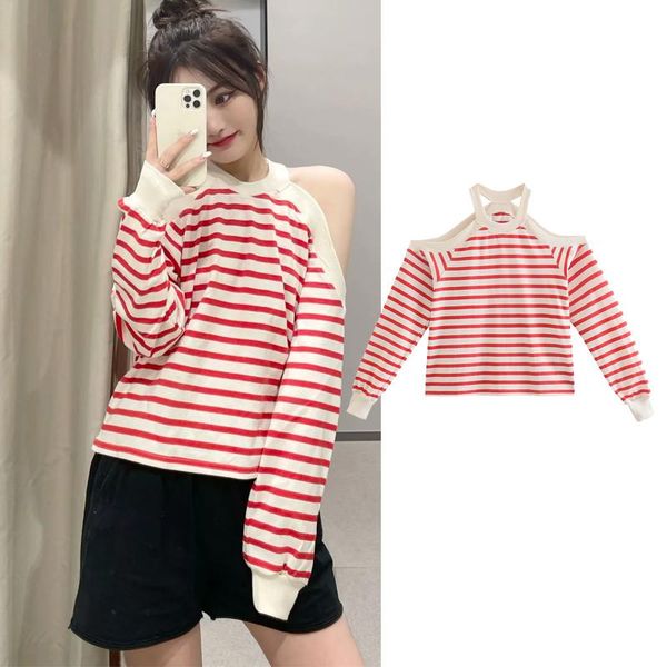 

women's t-shirt 2021 shoulder striped autumn women t shirt crop bandage long sleeve streetwear summer clothes drawstring, White