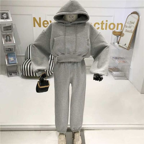 

two piece set women's 2021 temperament loose short loose plush pullover hooded sweater + sport casual leggings, White