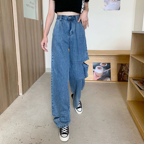 

2021 new s-xl summer korean style women long denim pants high waist ripped wide leg jeans for womens (78391) upyh, Blue