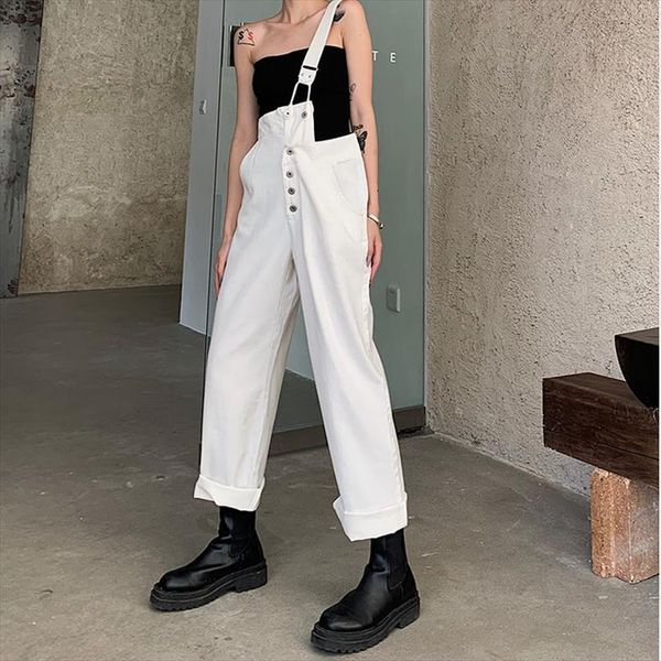 

autumncasual long trousers cowboy womens jean loose streetwear one shoulder overalls black white kz581, Blue