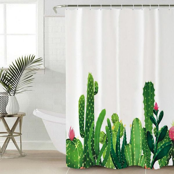 

green plant shower curtain set with 12 hooks cactus bathroom decoration