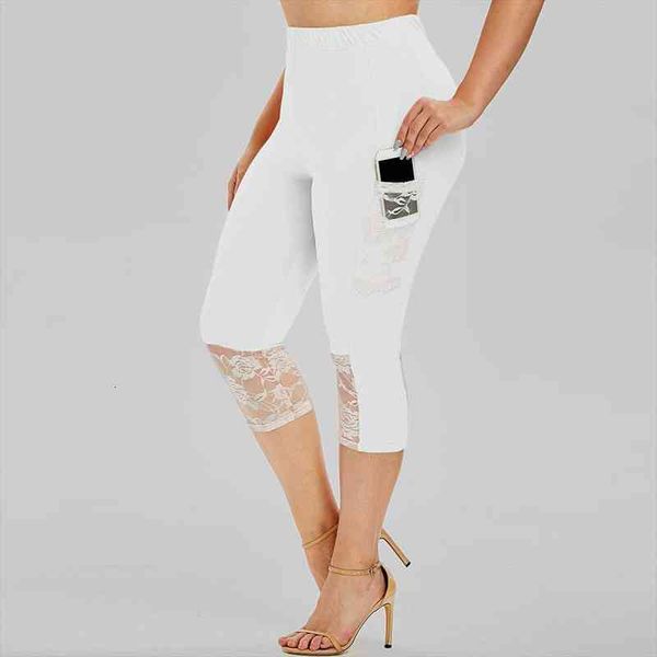 

plus size women strech leggings lace patchwork solid color skinny leggings elastic high waist casual ropa de mujer, Black