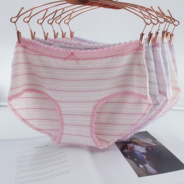 

new soft and breathable middle waist women's underwear lace girl's striped briefs, Black;pink