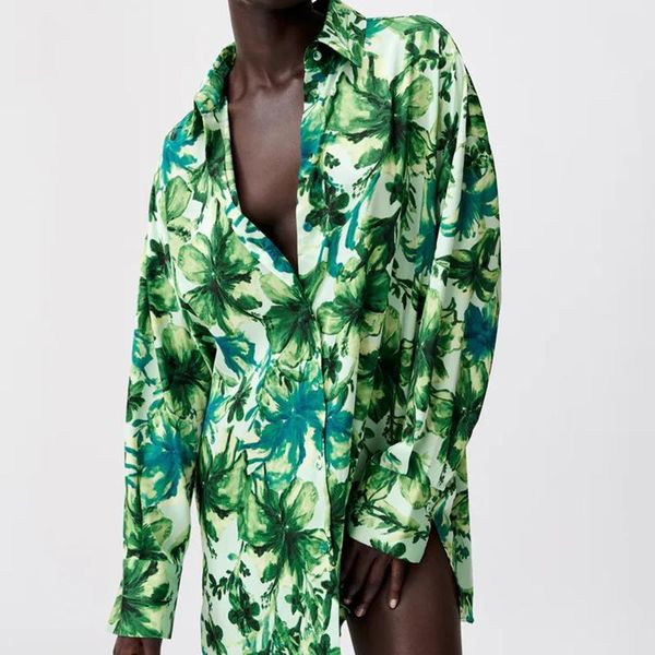 

women's blouses & shirts latest design ladies tropical style printed blouse women loose long sleeve lapel streetwear shirt, White