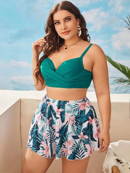 

3pack plus floral print push up bikini swimsuit & beach skirt g1tn#, Black