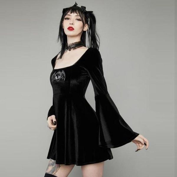 

casual dresses greygem women's mini dress 2021 autumn long flare sleeve goth printing ruffle pleated robe velvet black female clothing, Black;gray