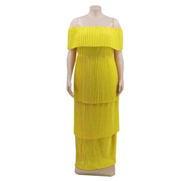 

yellow off shoulder ruffles pleated dress plus size women casual beach holiday slash neck layered summer long maxi dresses, Black;gray