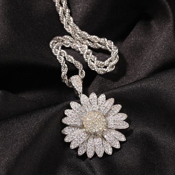 

rotatable sunflower necklace iced out flower pendant mens gold necklaces hip hop fashion jewelry, Silver