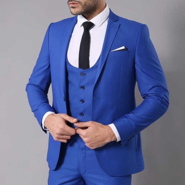 Homens de negócios Suits Slim Fit Real Blue Wedding Smoking para Groomsmen 3 Peda Jacket Colete com Calças Escritório Masculino Fashion Traje X0909