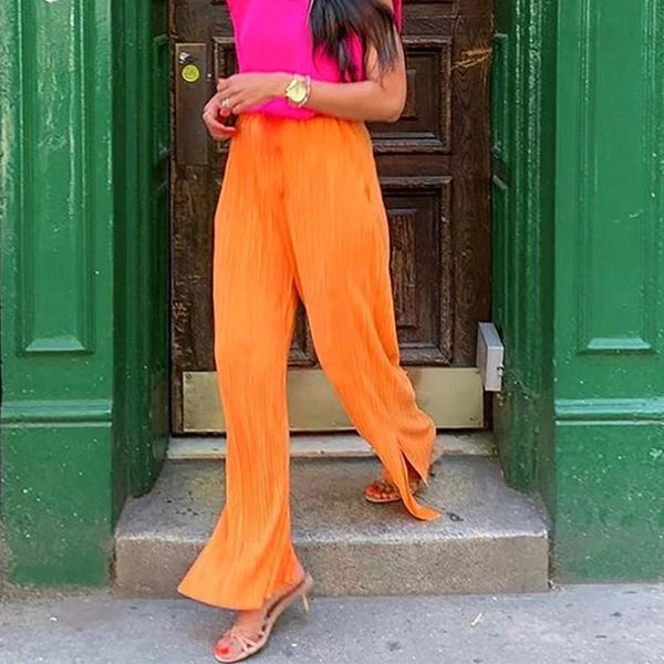 

women's pants & capris orange wide leg straight pant casual fashion high street vintage solid 2021 elegant waist split loose women flar, Black;white