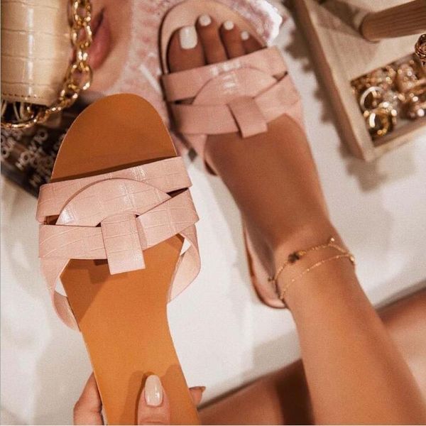 

slippers 2021 snake grain leather sandals summer women's beach flat non-slip flip flop, Black