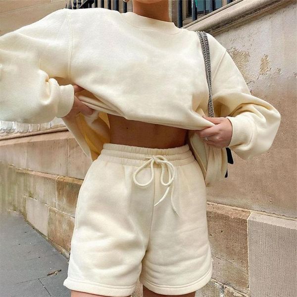 

women's tracksuits 2021 autumn casual solid fleece thickened loose large versatile long sleeved sweater bag hip shorts set women, Gray