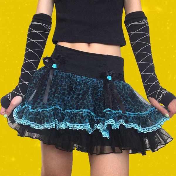 

skirts 2021 mini high waist lace leopard puff skirt fashion bow stitching women's simple wild party female, Black