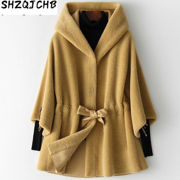 

women's fur & faux jchb 2021 real coat women clothes hooded winter jacket sheep shearing wool casaco feminino inverno hq19-zzh1806c kj4, Black