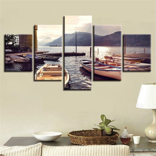 

home decor canvas painting poster wall 5 panel harbour sunset landscape modern hd art living room printed pictures(no frame)