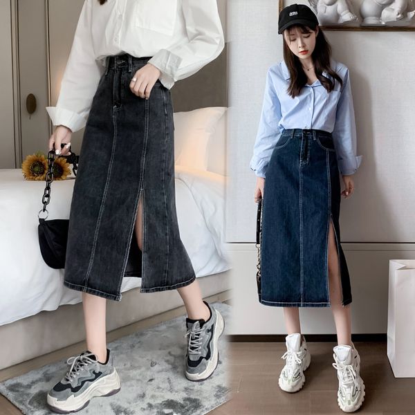 

female fashion 2021 autumn new skirts mid-length slit jeans high waist slimming hip skirt 52j4, Black
