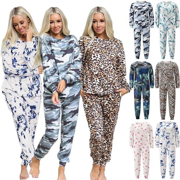 

women's two piece pants causal pajamas autumn and winter homewear tie-dye printed long-sleeved two-piece suit clothing, White