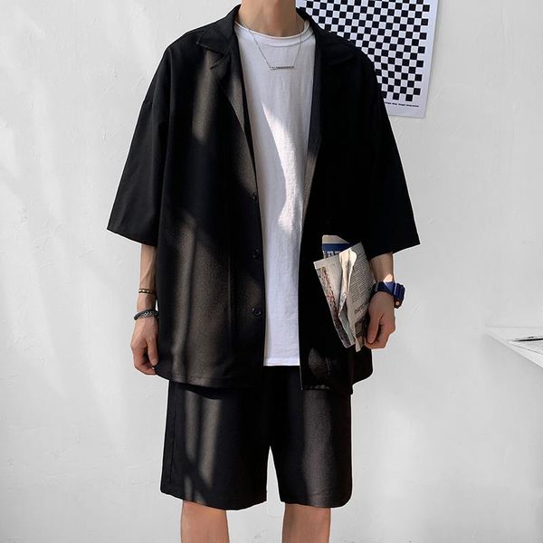 

jogging clothing korean style men's set suit jacket and shorts solid thin short sleeve single pocket knee-length summer oversized man, Black;red
