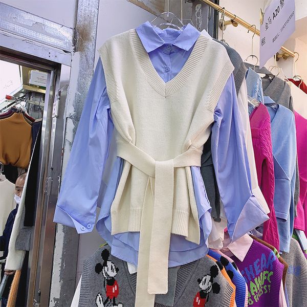 

coat band + long sleeve lapel loosens female shirt 2021 spring clothes of two pieces woman's clothing set 3f6f, Gray