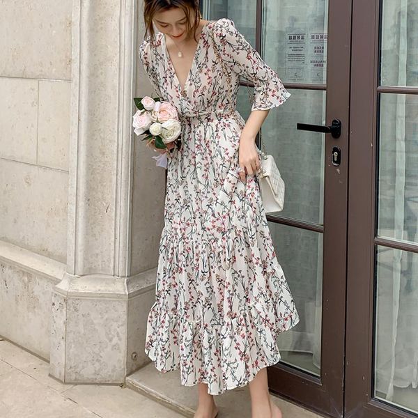 

party dresses floral dress women 2021 summer white chiffon long maxi v-neck flower vestidos mujer fashion elegant street wear, White;black