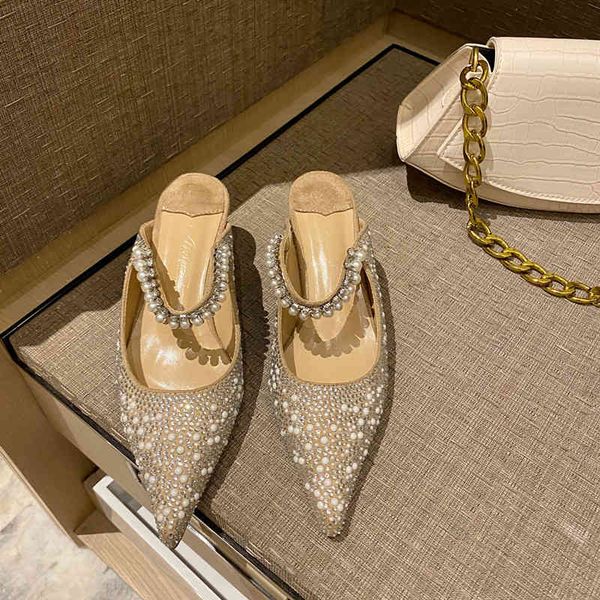 

slippers embellished pearl mules are the ultimate chic dress heel for princess fully tiny diamonds suede strap plus size 35-42 m3k, Black