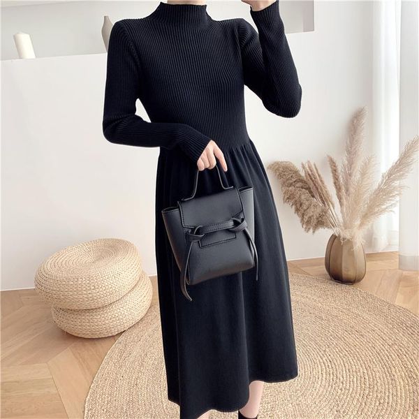 

casual dresses ly varey lin autumn winter women fashion half high collar long sleeve knitting dress waist solid color, Black;gray