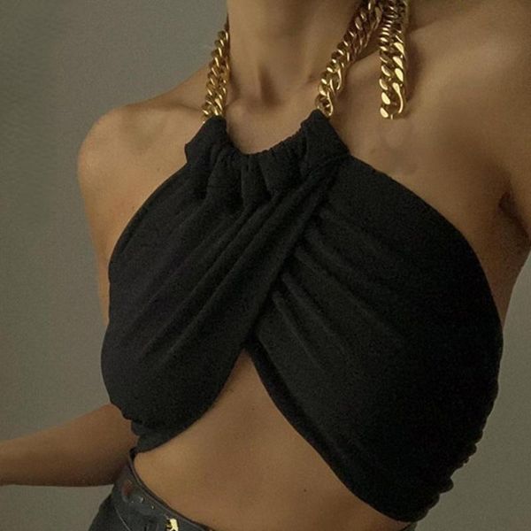 

women's tanks & camis summer fashion chic halter chain crop for women backless cropped feminino black wrap 2021 streetwear, White