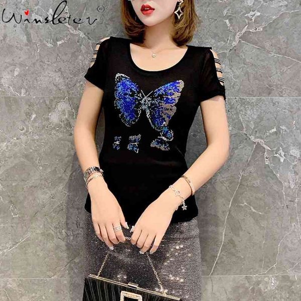 

women's t-shirt summer korean clothes mesh fashion solid shiny diamonds butterfly women short sleeve casual tees t13913a, White