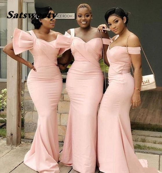

lovely bridesmaid dresses with hand made bow african off the shoulder sweep train satin mermaid wedding party prom dress, White;pink