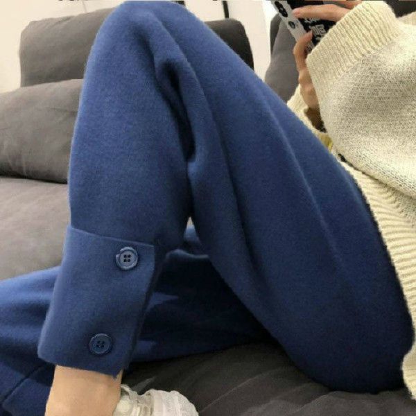 

2021 new autumn hare ankle with korean wool band high waist loose sweat capris women's pants dhyb, Black;white